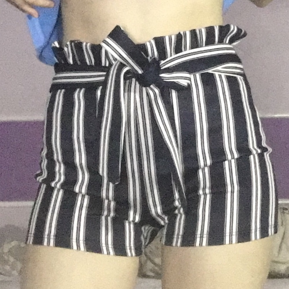 navy and white striped tie shorts